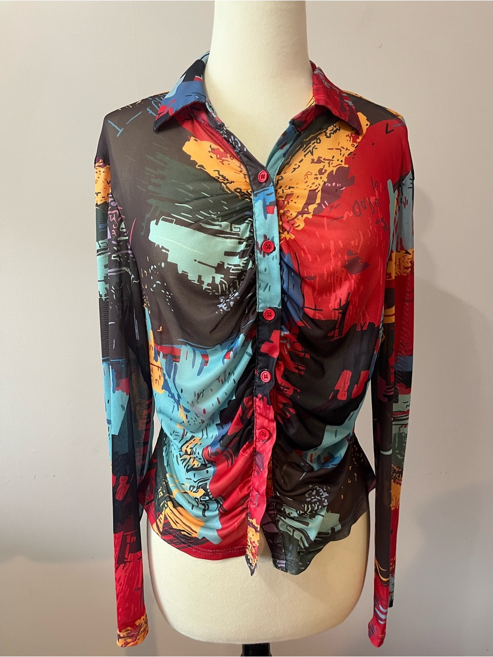 Sheer Multi-Color Ruched Button-Front Blouse - Picture 6 of 8